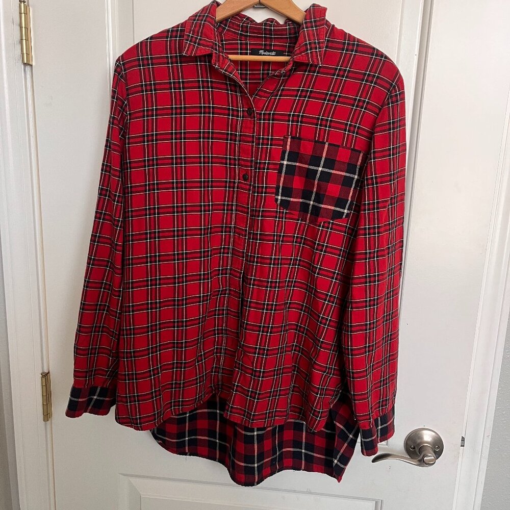MADEWELL Top Size Large Red Plaid Button Up Long Sleeve Collared Shirt Women’s